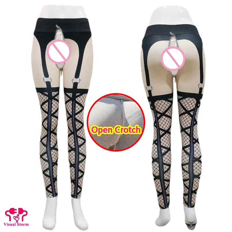 Woman Sexy Open Crotch Leggings Lingerie Fake Mesh Skin Color Crotchless Suspender Pants Hidden Zipper Erotic Clubwear Chasity