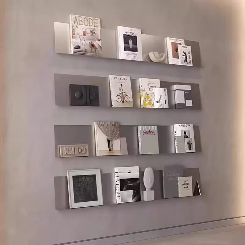 Stainless Steel Floating Wall Shelves Living Room Storage Organization Display Rack With Light Bookshelves Decoration Furniture