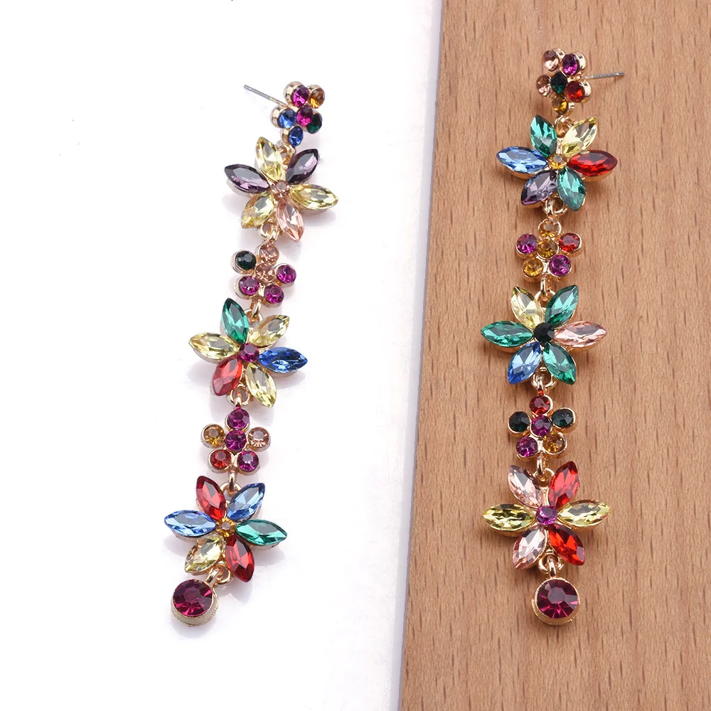 2025 новые модные супер длинные массивные висячие серьги женские роскошные разноцветные серьги со стразами и цветами ювелирные изделия