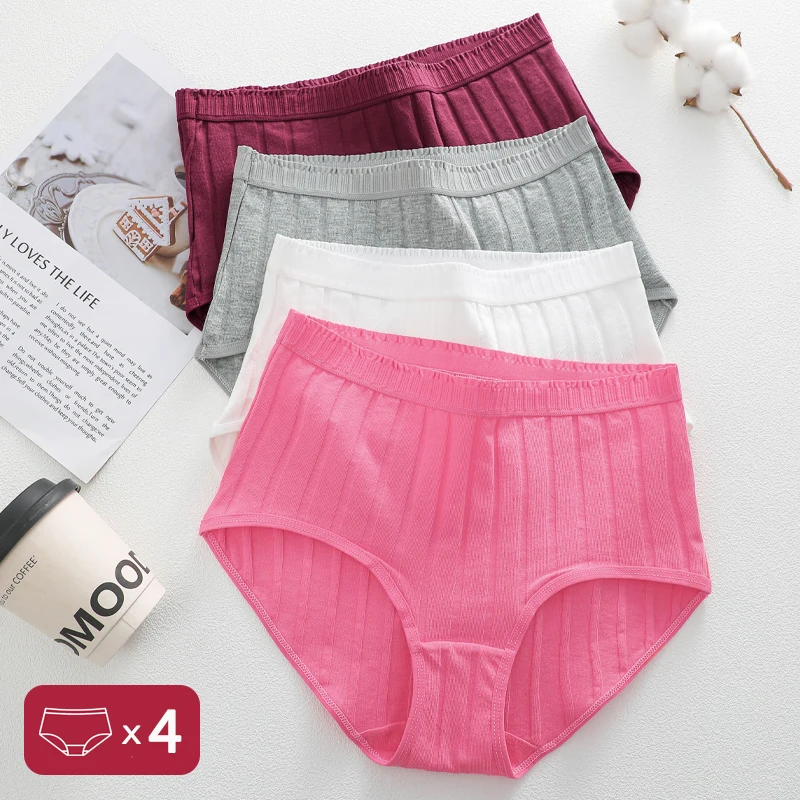 4-teiliges Set Baumwoll-Slips S-3XL Einfarbige Hochtaillierte Weiche Bequeme Unterhosen Sommer Damen Gestreifte Atmungsaktive Unterwäsche