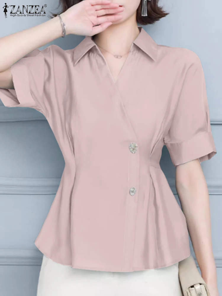 

Fashion Puff Short Sleeve Tops ZANZEA Korean Women Lapel Shirts 2024 Summer Buttons Waisted Blouse Elegant Office Lady Blusas