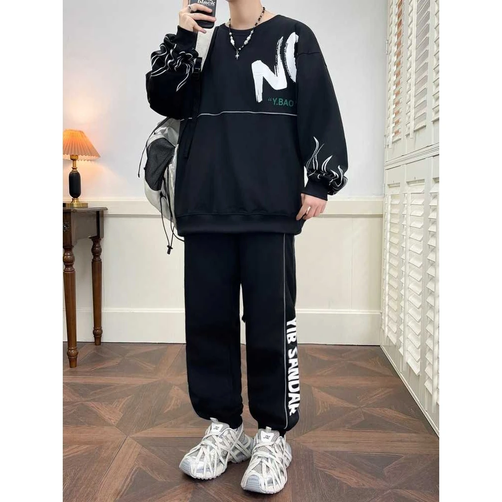 

Повседневный комплект из двух предметов: худи и брюки для мальчиков, модная спортивная одежда для студентов, комплект для отдыха для подростков, нижняя одежда, полиэстер