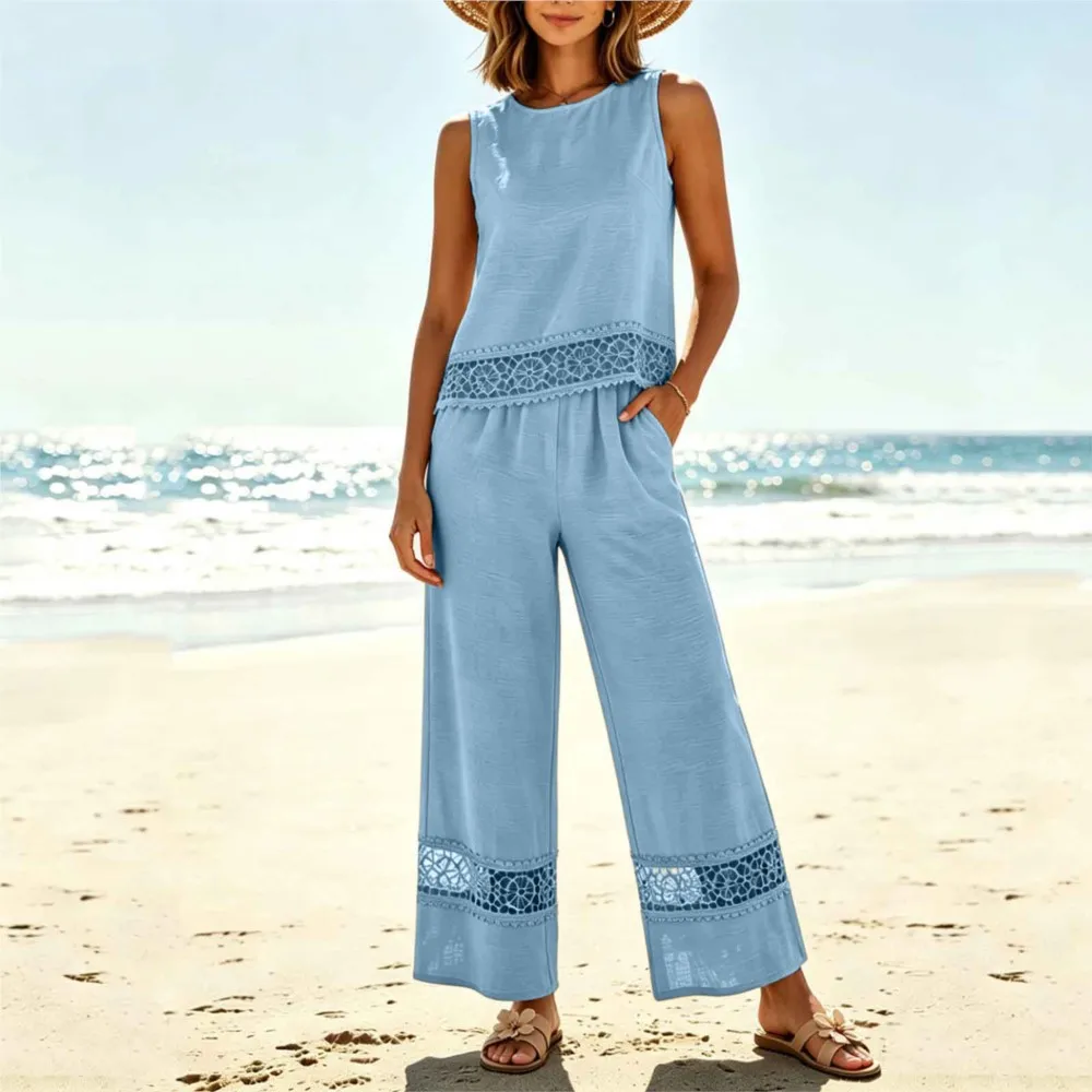 

Women's Summer Fashion Lace Splicing Vest Trousers 2-piece Set Daily Casual Beach Vacation Loose Wide-leg Trousers Suit Female
