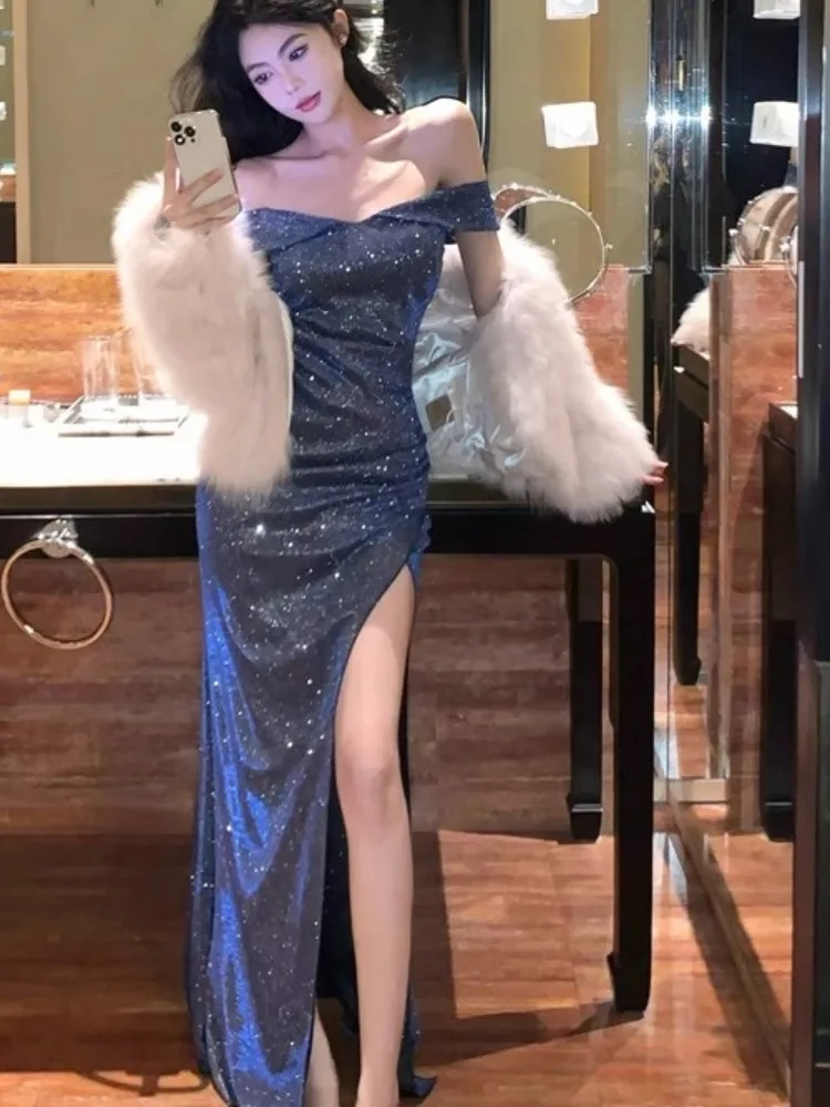 Vestido de Festa Sexy com Lantejoulas Azul de Um Ombro, Vestido de Cauda de Peixe para Mulheres, Vestido Longo para Festa de ...