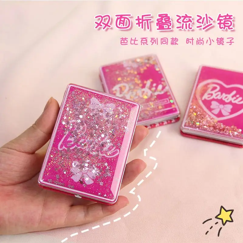 Barbie Shiny Quicksand Makeup Mirror Portable Magnifying Hand Square Makeup Standing Vanity Foldable Pocket Mirror Cute Compact