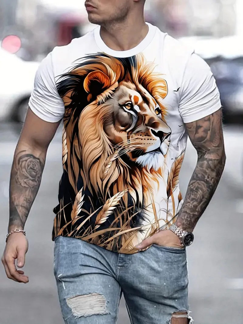 Summer Fashion Casual Cool Lion Graphic T-shirt For Men Trend Classic 3D Printed Animal Pattern Round Neck Short Sleeve Tees Top