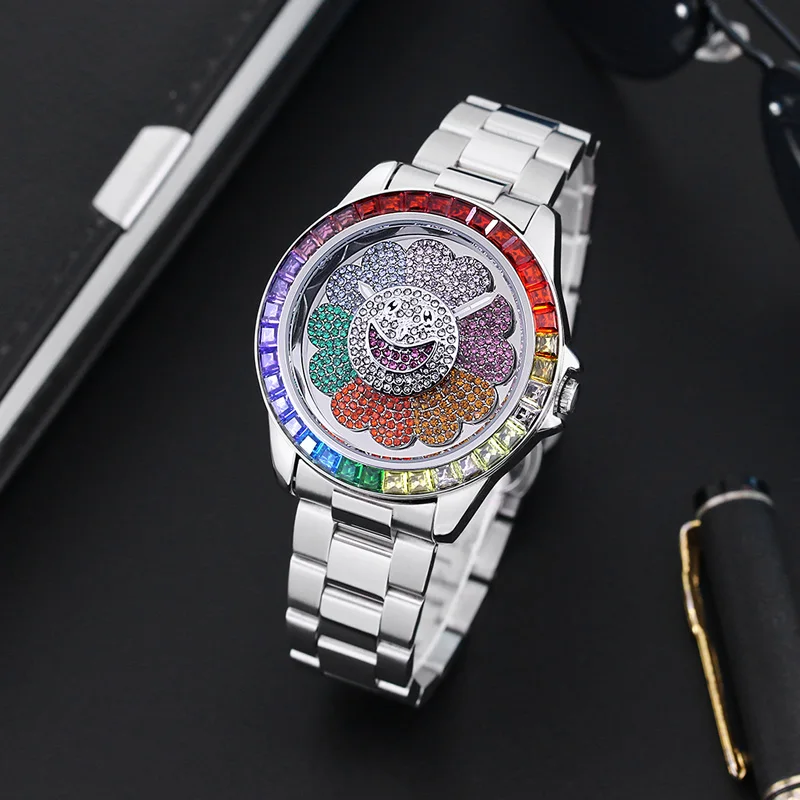 Novelty Watch For Men Funny Rotating Sunflower Dial Stainless Steel Quartz Wristwatch Trendy Diamond Bezel Waterproof Male Clock