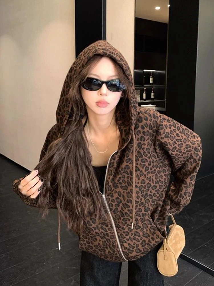 Women Y2K Leopard Hoodies Streetwear Loose Harajuku Retro Sweatshirts Hip Hop Fall American Vintage Female Long Sleeve Tops New