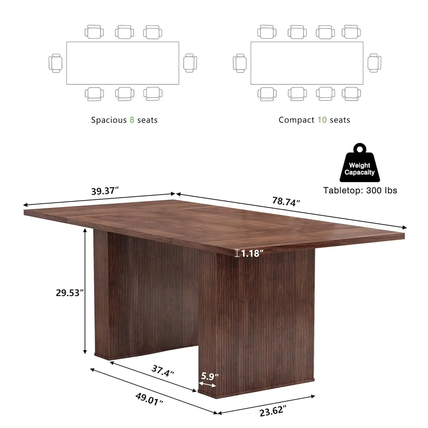Modern Farmhouse 78 Inch Rectangular Walnut Dining Table Wood Strip Support Base Accommodates 6 to 10 People Home Dining