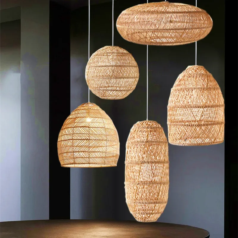 Chinese Handmade Woven Natural Rattan Pendant Lamp Living Room Restaurant Hotel Homestay Bedroom Led Chandelier Art Lights Decor