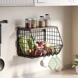 Stackable Fruit Basket Fruit Storage Basket Metal Wall-mounted Fruit Vegetable Organizer with Hooks Kitchen Storage for Spices