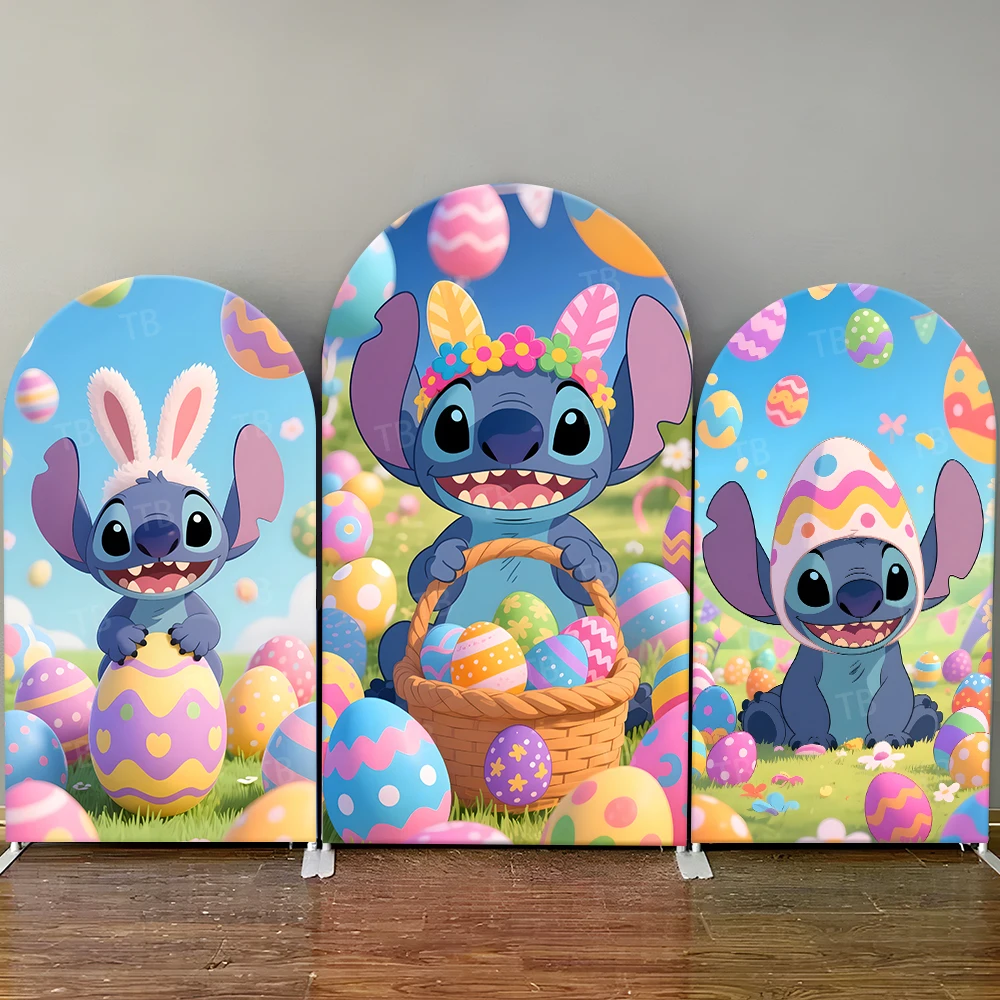 

Stitch Easter Arch Backdrop Cover Bunny Ears Egg Basket Floral Wreath, Cheerful Photo Booth Props for Parties & Home Decoration