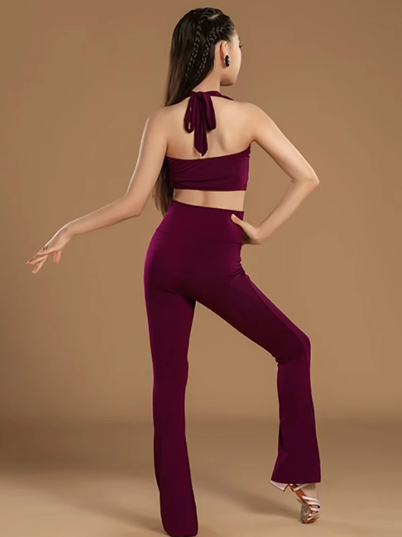 Children Latin Dance Halter Backless Top High Waist Pants Trousers Girls Kids Competition Dancewear Ballroom Training Costume