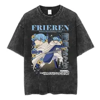 Camiseta Vintage Lavada de Anime Frieren: Beyond Journey's End Himmel, Camiseta de Moda para Hombre y Mujer, Camiseta Informal de Algodón de Manga Corta Estilo Harajuku