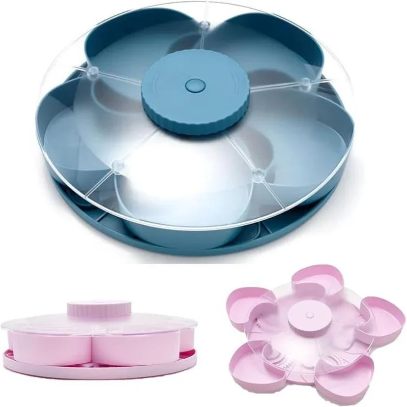 

Divided Spins Serving Tray Snacks Party Appetizers Rotating Snack Box Container with Lid Lazy Susan Fruit Tray for Home Picnic