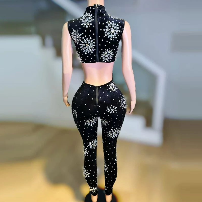 Sparkly Schwarz Strass Top Hosen Frauen Jazz Dance Kostüm Bühne Festival Outfit Bar Nachtclub Ds Dj Gogo Dance Wear XS9921