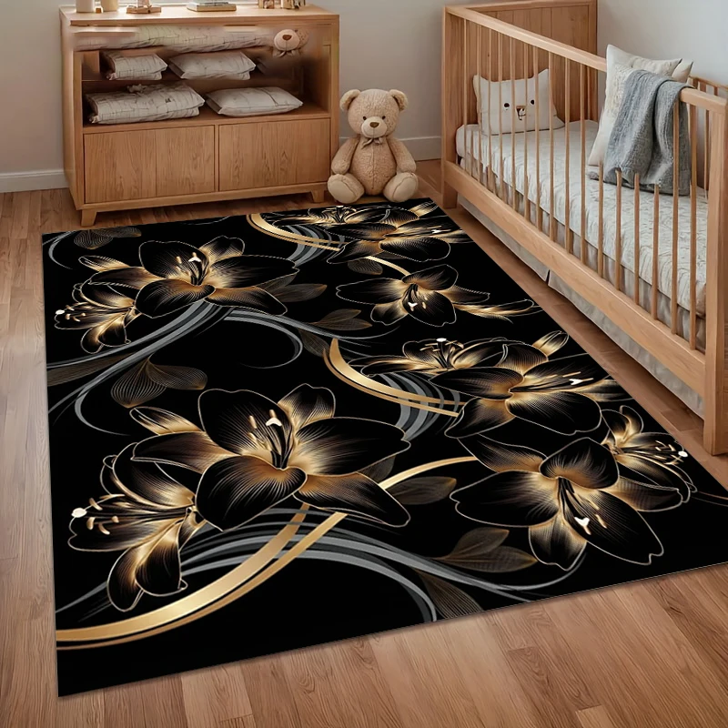 Luxury Black Gold Floral Area Rug Elegant Lily Decorative Carpet for Opulent Home Decor Non-Slip Washable Floor Mat Retro Decor