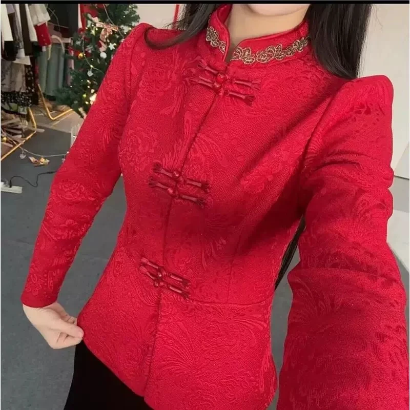 

2025 New Winter Plush Cheongsam Coat Women's Fashion Slimming Cardigan Chinese Style Jacquard Warm Jacket Chic Elegant Outerwear
