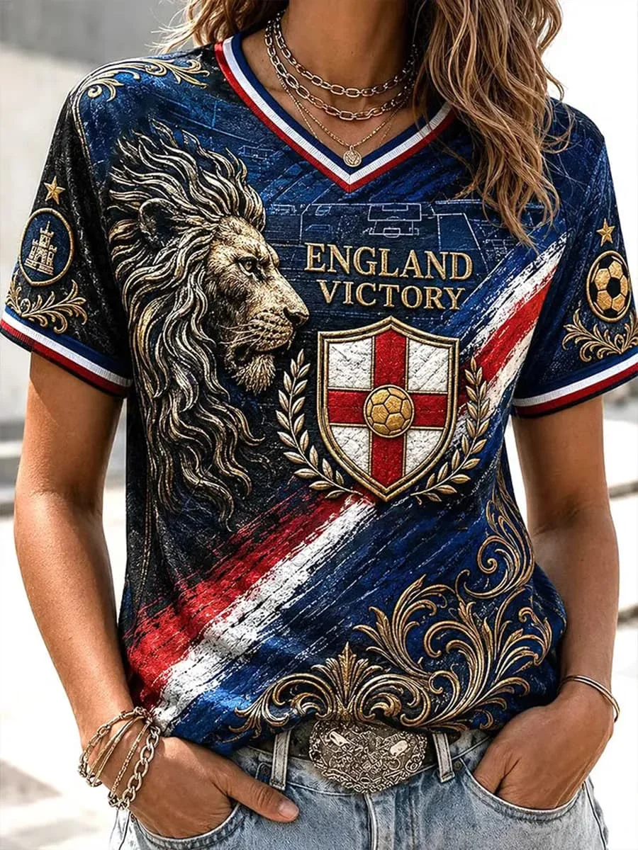 Camiseta Nueva 2026 para Mujer, Negra y Dorada, con Estampado de León de Inglaterra, Cuello en V, Manga Corta, para Fanáticas del Fútbol Nacional, Informal, Deportiva