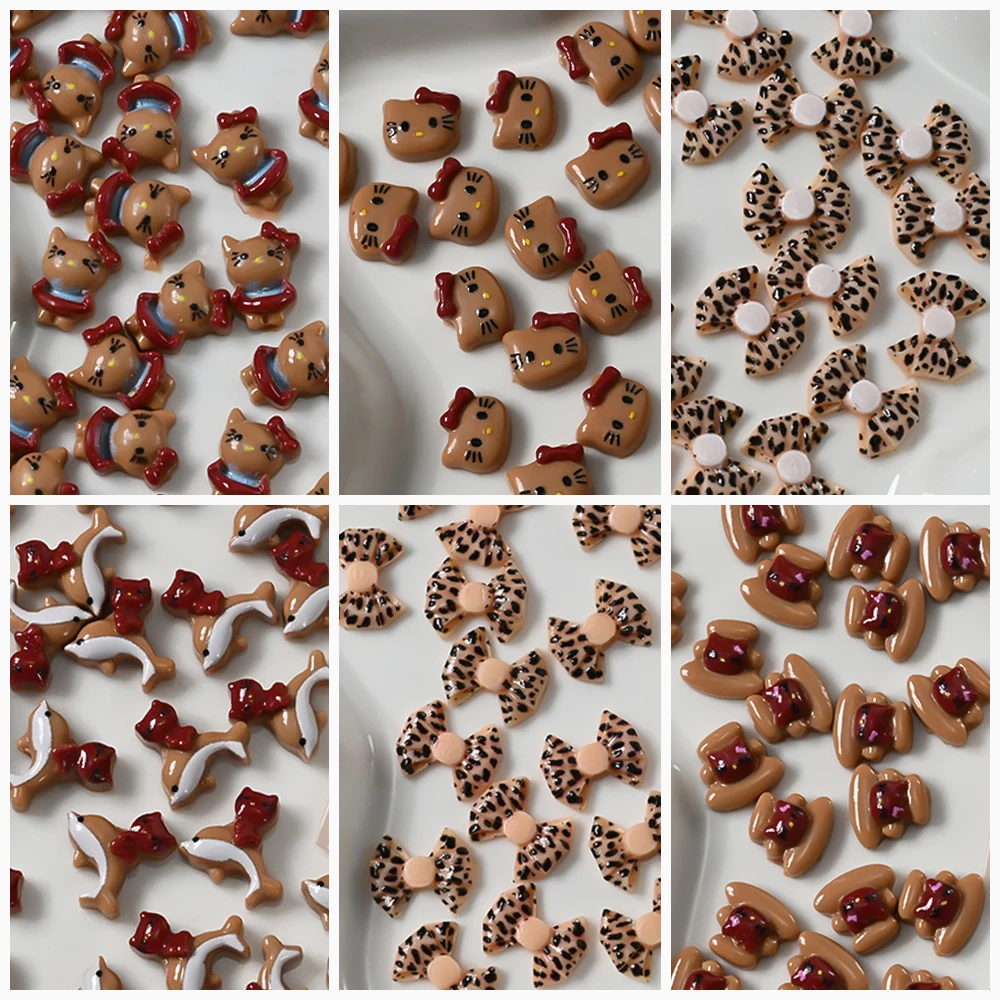 50 Uds. De dijes Kawaii de dibujos animados de gatito y gato para decoración de uñas, resina mixta de verano, lazo de leopardo de Hello Kitty, decoración de uñas, piezas de joyería para manicura