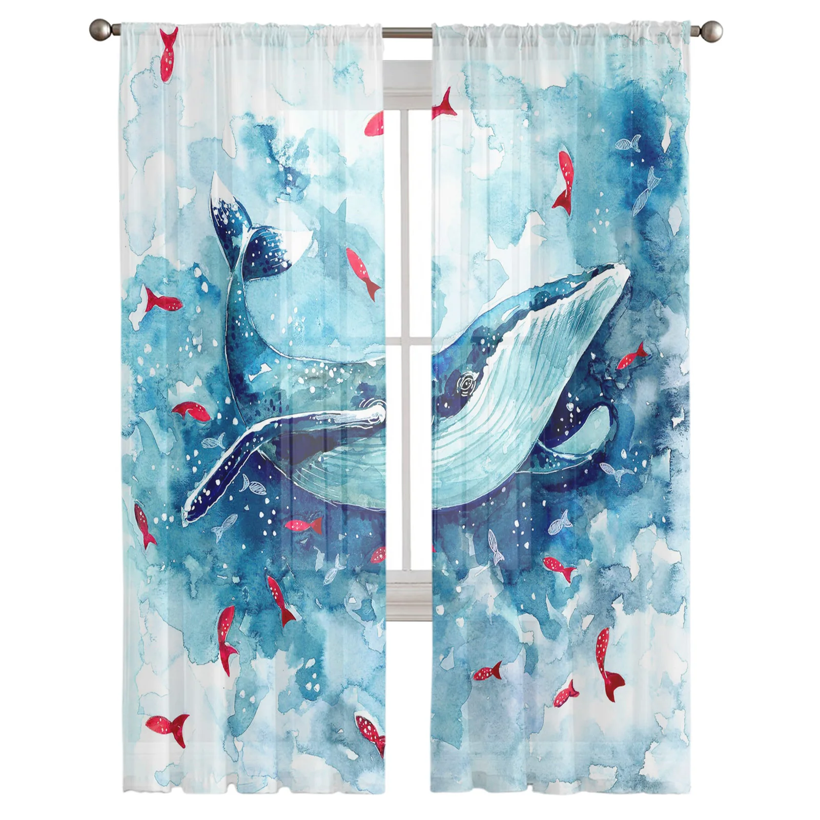 Ocean Animal Fish Blue Whale Sheer Curtains for Living Room Bedroom Kitchen Hotel Decoration Chiffon Tulle Voile Window Curtain