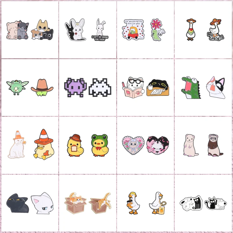 2pcs/set Cartoon Animal Collection Enamel Pin Comic Dog & Cat Rabbit Ferret Frog Fairy Mexican Fiesta Goose Brooch Jewelry Badge