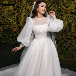 Fashion Muslim A-line Wedding Dresses O-Neck Lace Puff Sleeve Draped Pleat Brush Train Floor Length Bride Dress robe de mariée