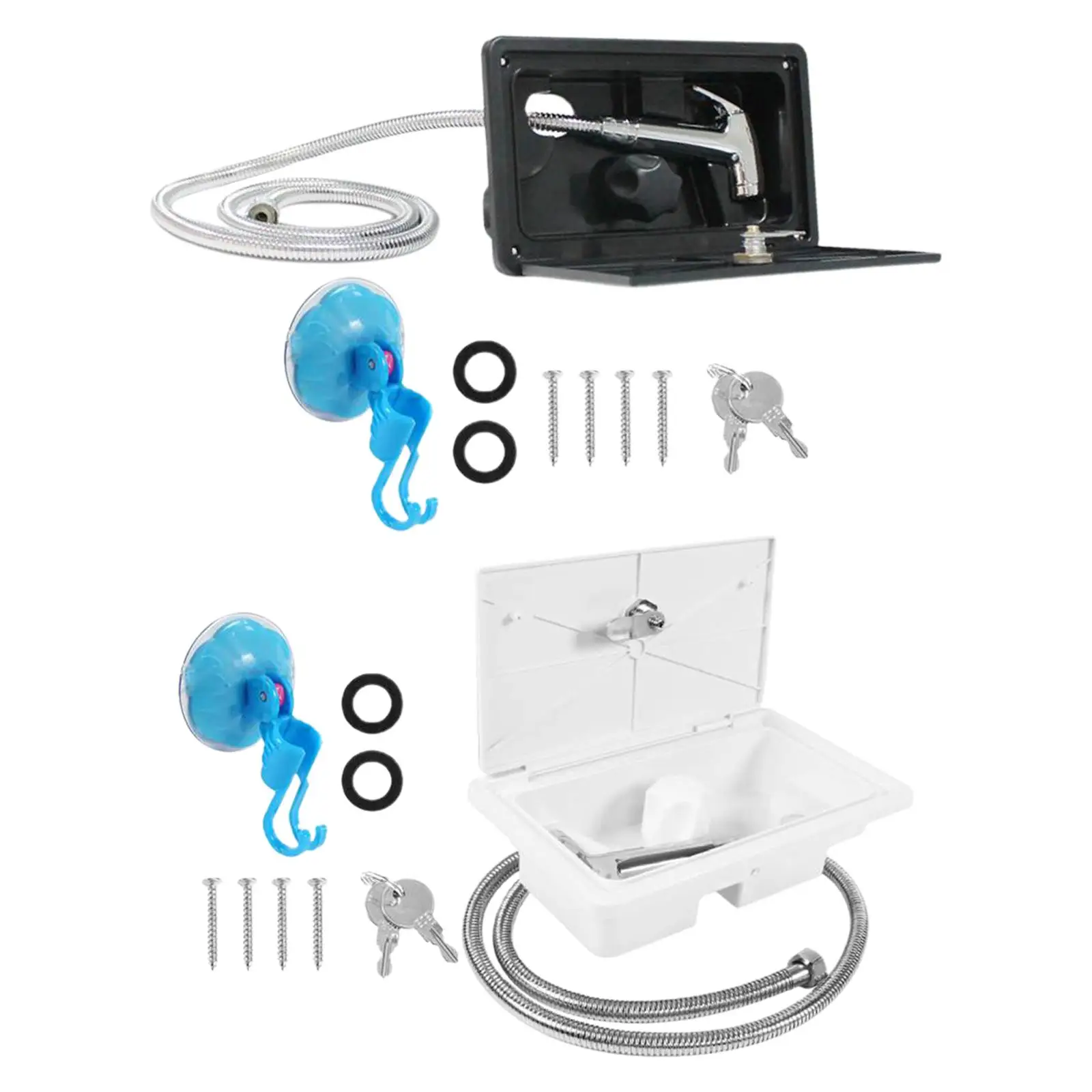 Secure Lock Outdoor Shower Faucet Kit with Coiled Hose Universal Fit for RV Marine Camper Trailers