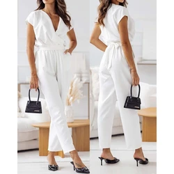 V Neck Short Sleeve Jumpsuits Women Elegant Office Lady Ruched Design Jumpsuits Summer Casual Solid Color Work One Piece Outfits