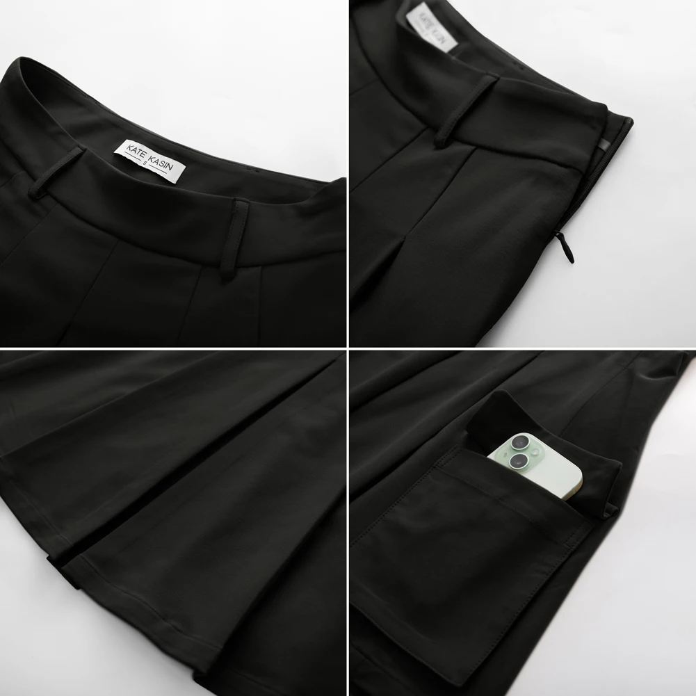 KK Women Pleated Skirt With Pockets High Waist Mid-Thigh Length A-Line Skirt Slim Solid School Uniforms Casual Dress New