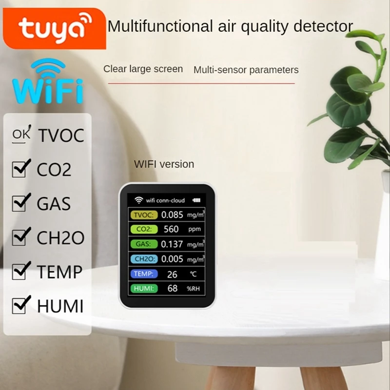 1Set Tuya Smart Wifi CO2 Detector Sensor Air Quality Monitor TVOC CO2 Gas CH2O Temperature Humidity Meter Detector ,White