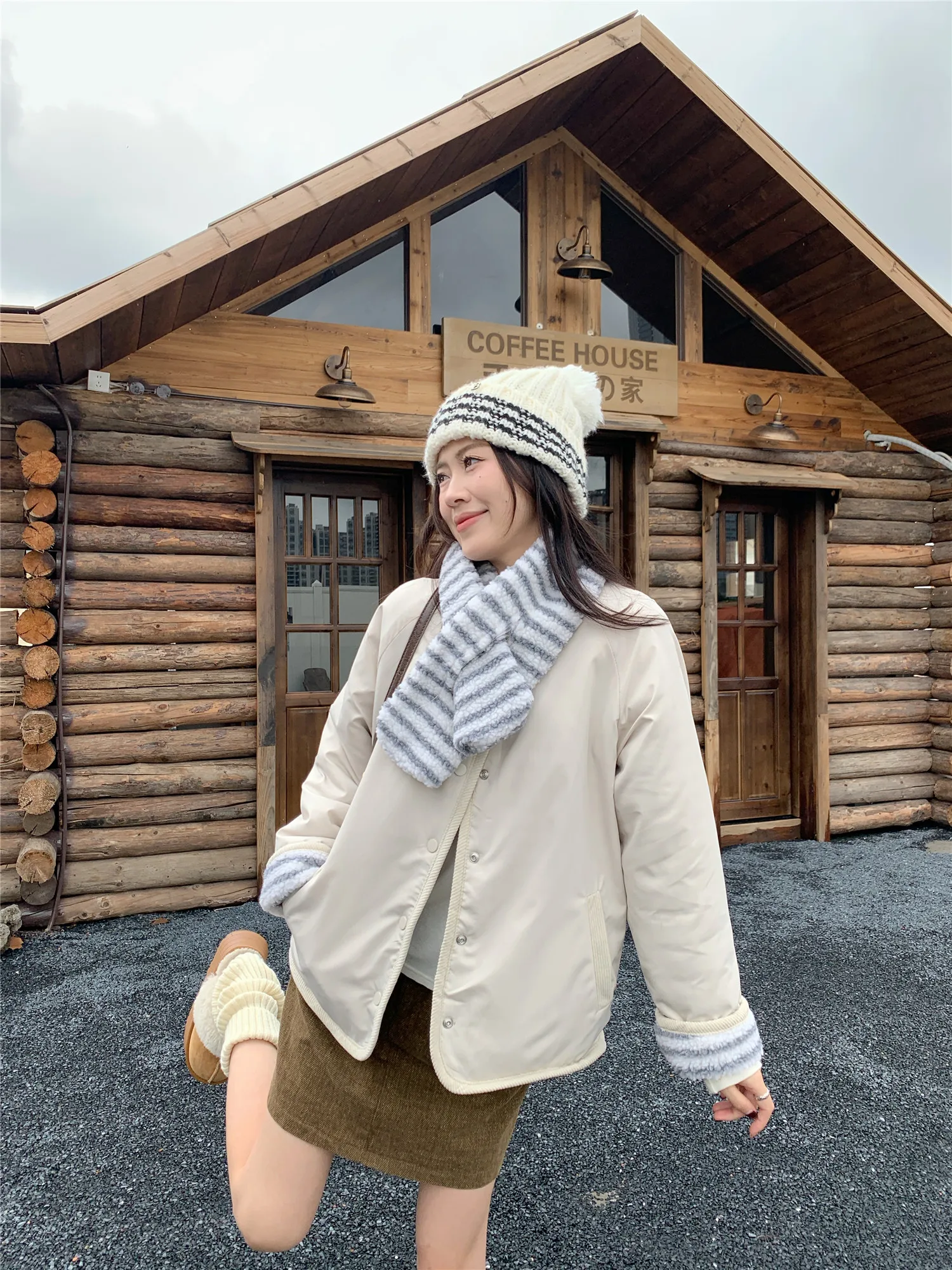 Korean Sweet Two Side Wear Padded Jacket Women Fleece Lined Thick Warm Parkas Woman Lazy Style Stripe Scarf Winter Jackets