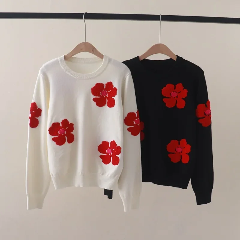 Versatile Floral Embroidered Long Sleeve Pullover Sweater with Flocking for Autumn Winter Outdoor Wear