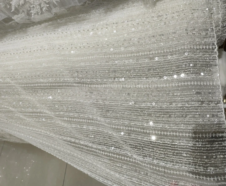 Bridal Lace Fabric Stripes, Luxury Beaded Sequin Wedding Dress, Advanced Custom-made Sewing Fabric