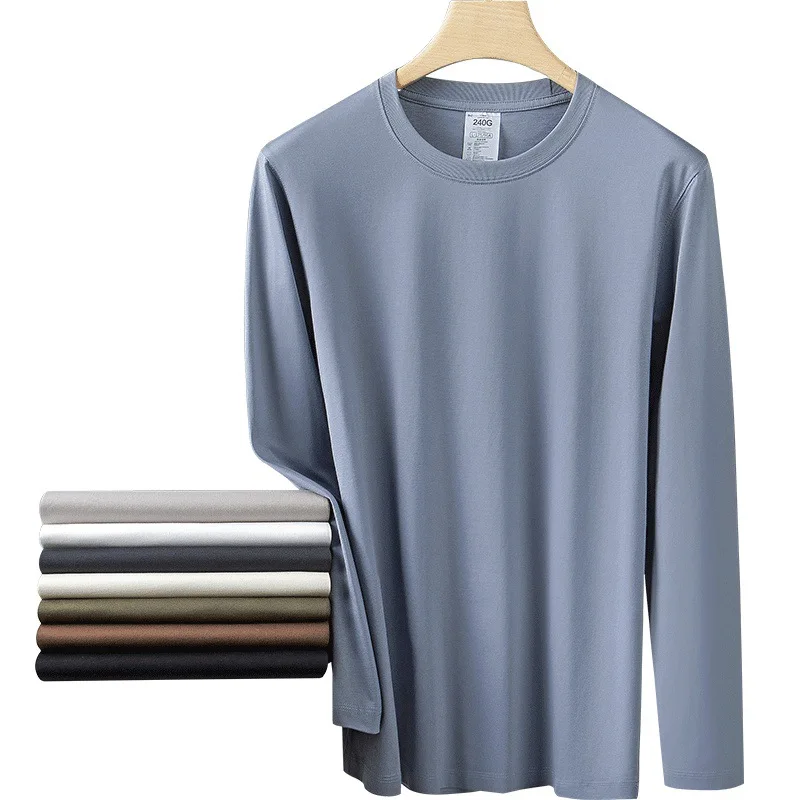 Heavy Weight Men Long Sleeve T-shirt Cotton Solid Color O-Neck Casual All-Match Pullovers Spring Autumn Loose Simple Youth Tops