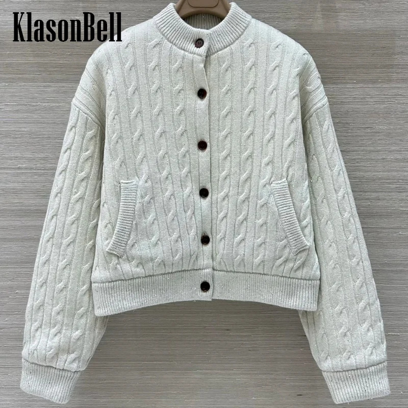 9.7 KlasonBell Women Clothes Twist Sequins Cashmere Knit O-Neck Jacket Single Breasted White Goose Down Keep Warm Outerwear