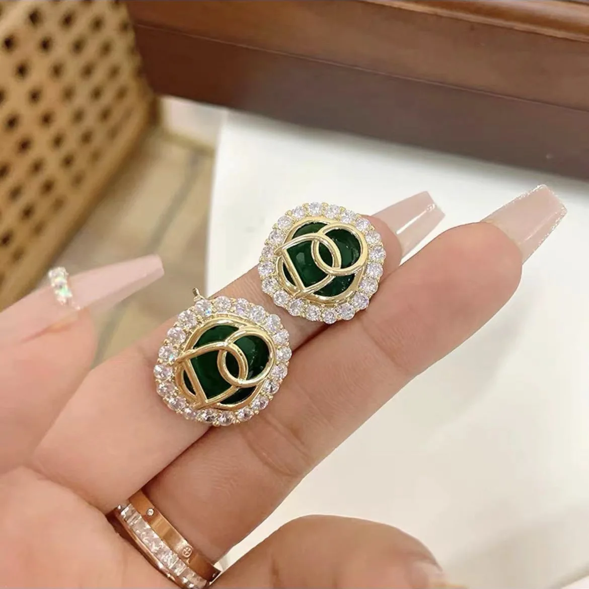 New Letter DO Green Enamel Square Crystal Stud Earring for Women Simple Cute Geometry Rhombus Jewelry Brincos Friend Gift