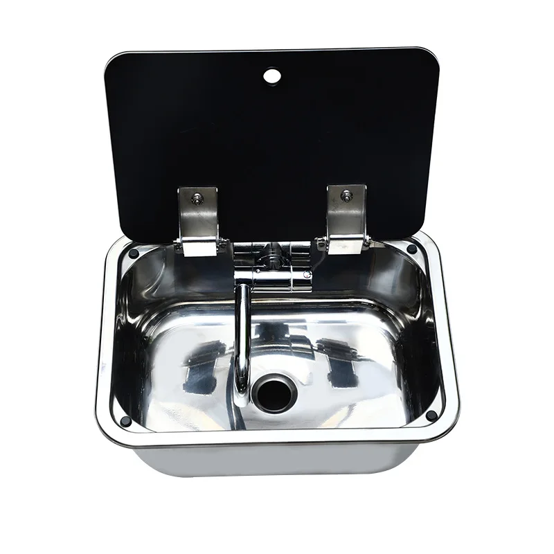 Stainless Steel Sink Tempered Glass Cover Boat Caravan Camper Wash Basin Boat Kitchen Dish Washing 304 Stainless Steel Sink