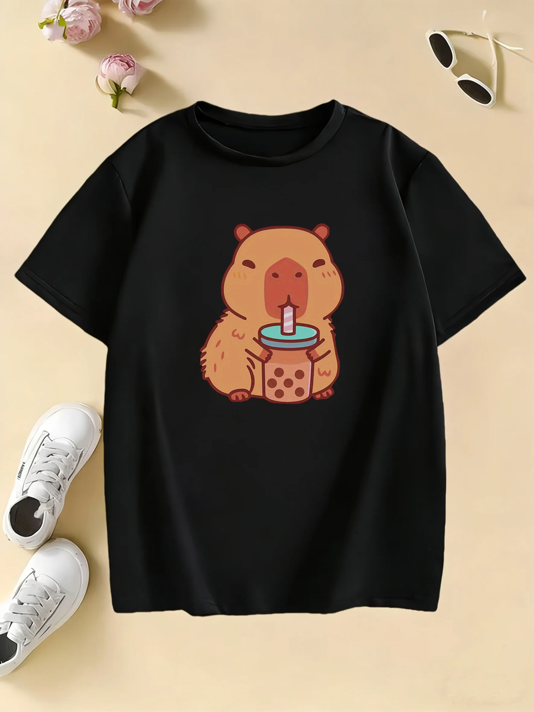 Girls' Cute Capybara Drinking Milk Tea Graphic T Shirts Kids Children's T-shirt Boys Girls Summer Spring Casual Top Tee Shirt