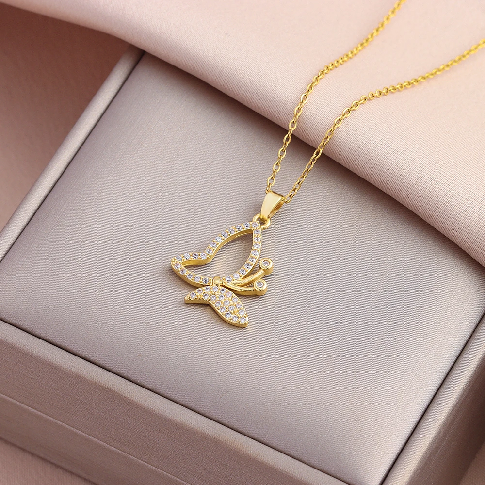 New Sweet Sexy Zircon Crystal Butterfly Pendant Necklaces For Women Female Stainless Steel Neck Chain Jewelry Ladies Accessories