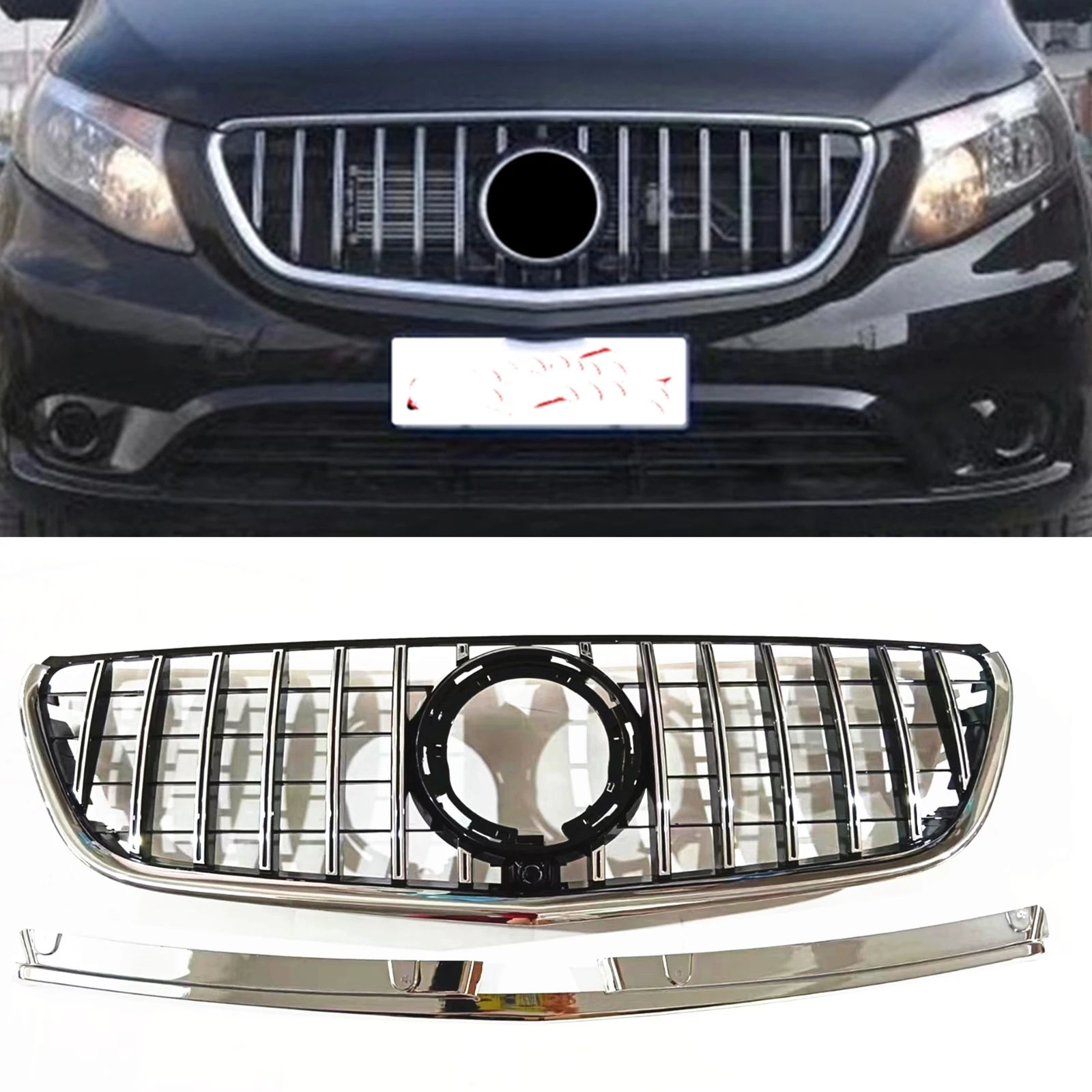 

Front Grille For Mercedes Benz Metris V260 W447 2016-2020 Grill GT Style Silver/Black Car Upper Bumper Hood Mesh Grid Kit