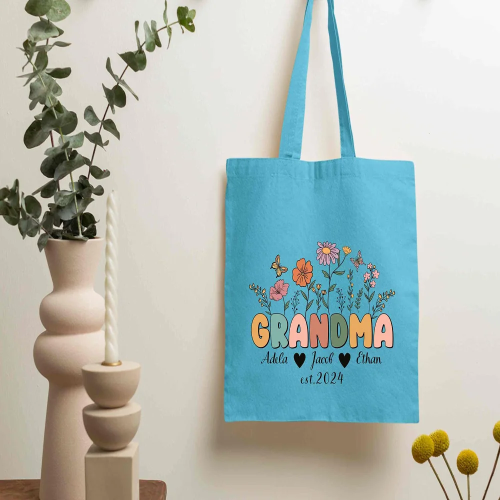 

Custom Grandma Gift Tote Bag Personalized Kids Names Floral Lightweight Foldable Canvas Trendy for Daily Travel
