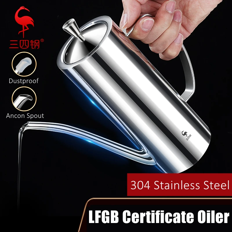 LFGB Certificated 304 Stainless Steel Oil Kettle Never Leaking Olecranon Spout Barbecue Oiler Kitchen 500ml and 700ml Oilcan