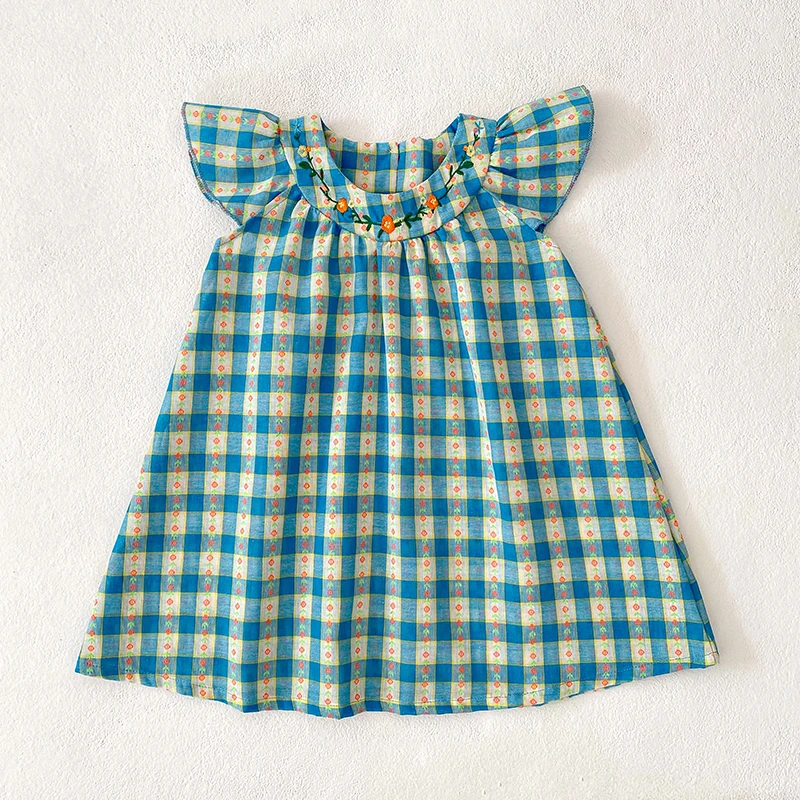 Neue Mädchen Blume Drucken Prinzessin Kleider Baby Stickerei Party Kleid Holz Ohr Rand Plaid Casual Kinder Kleidung Mode Sommer Tragen