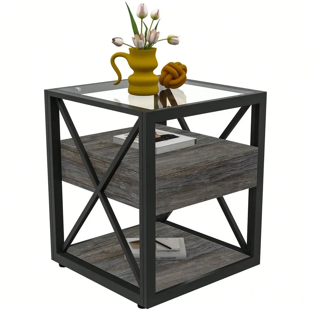 

Piece Modern End Table With Drawer Grey Wood MDF Tempered Glass Top Side Table Nightstand For Bedroom Living Room,