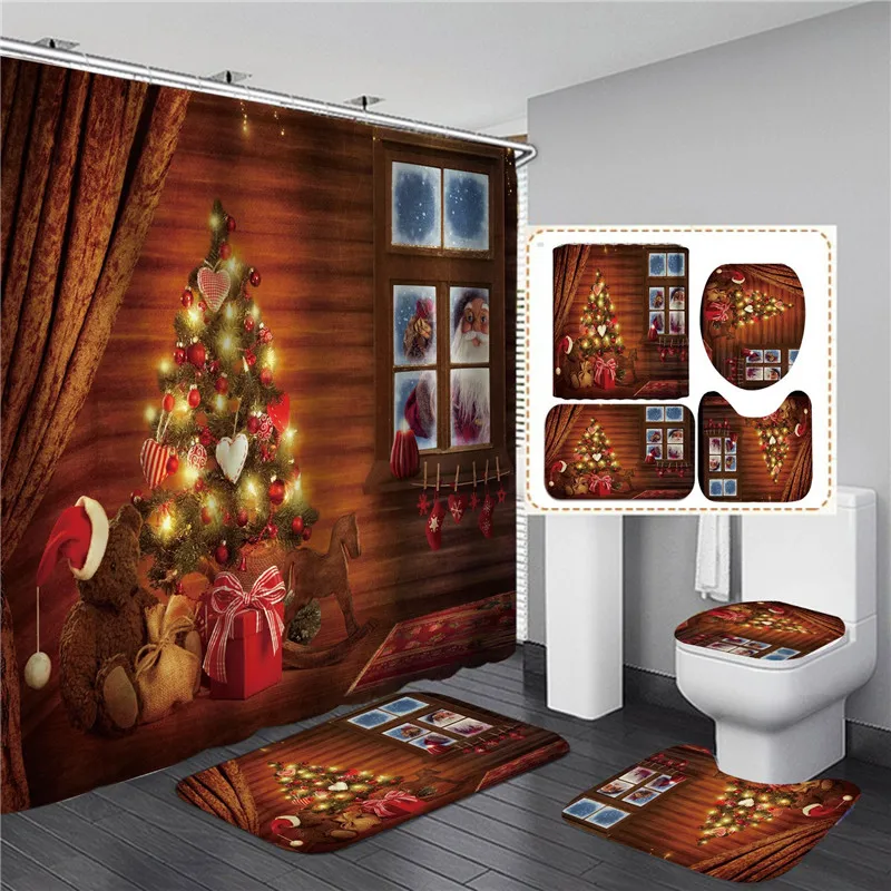 

Merry Christmas Fabric Shower Curtain with 12 Hooks Santa Claus Bathroom Curtains Anti-skid Bath Rugs Carpet Toilet Cover Set