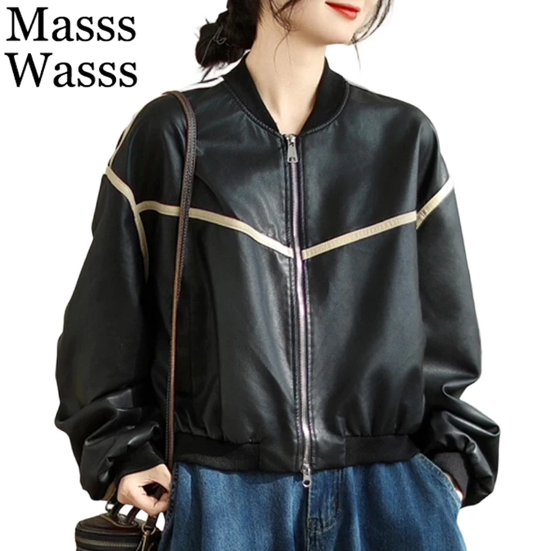 Masss Wasss Vintage Loose Faux Leather Jackets Womens Korean Classic Patchwork Pu Coats Ladies Spring Fashion Causal Outerwear