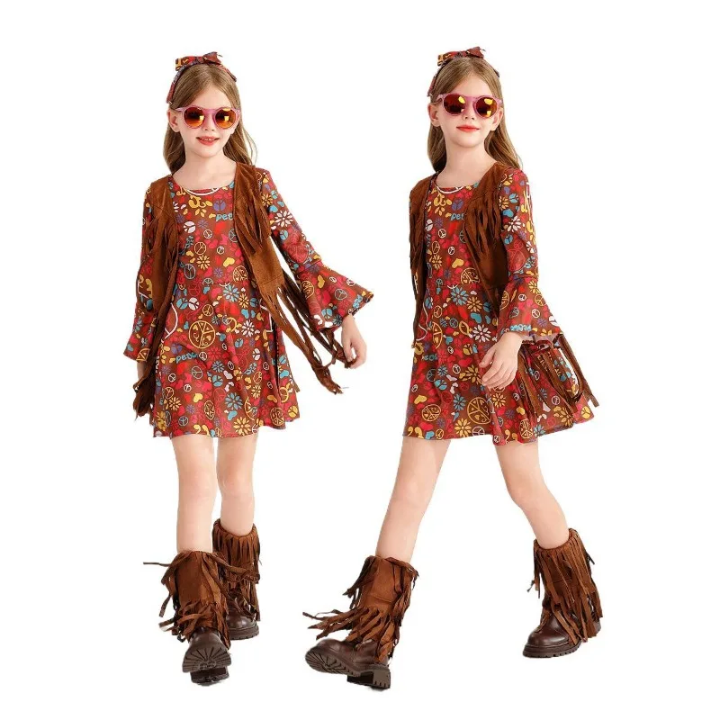 

Carnival Children's Clothes Printed Denim Vest Set Party Costume Quirky Retro Performance Dress For 3-8Y Kids Birthday Clothing