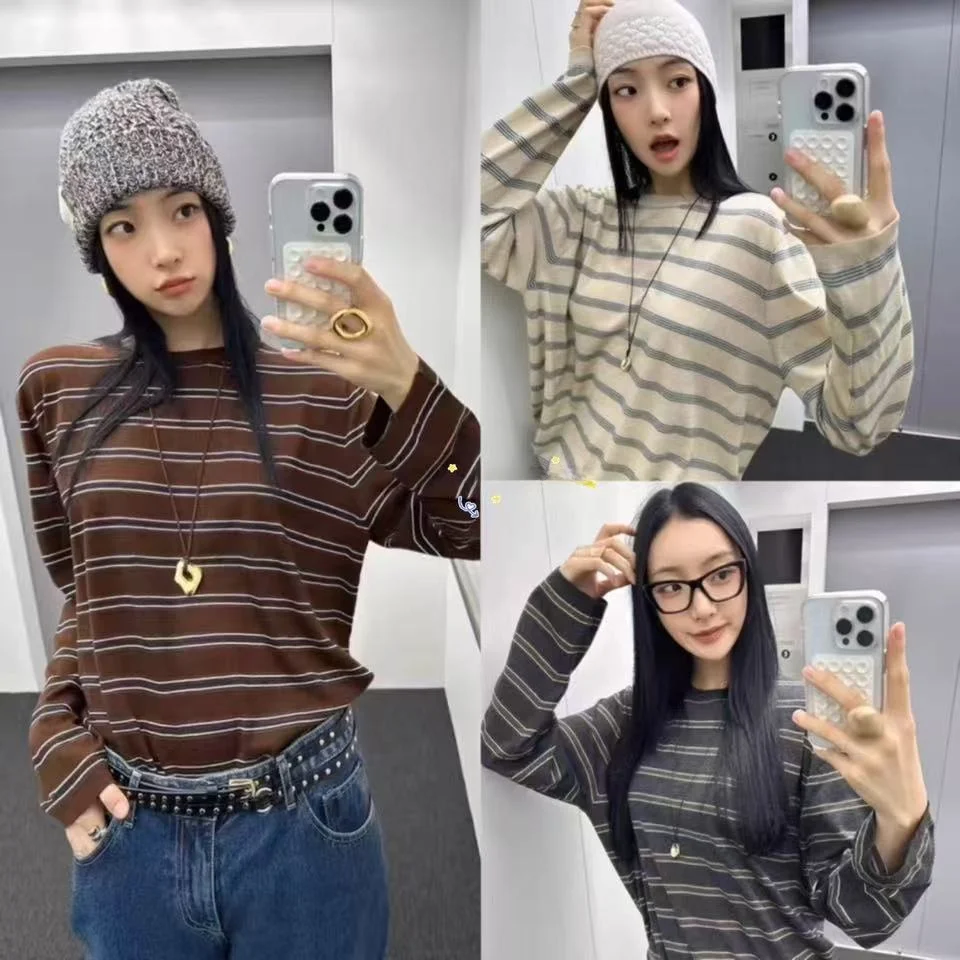 

Retro Korean Loose Casual Knitted Sweater Women's Long Sve round Ne Stripe Patterned Comfortable Soft Cotton Top