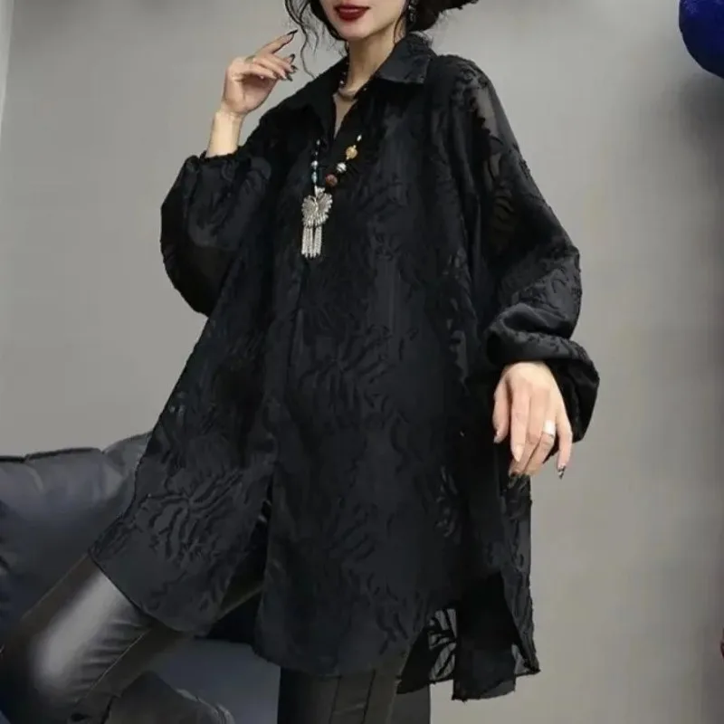 Women White Shirt Long-sleeved Single-breasted Hollowing Out Loose Shirt Spring New Leisure Middle Length Fashion Printing Black